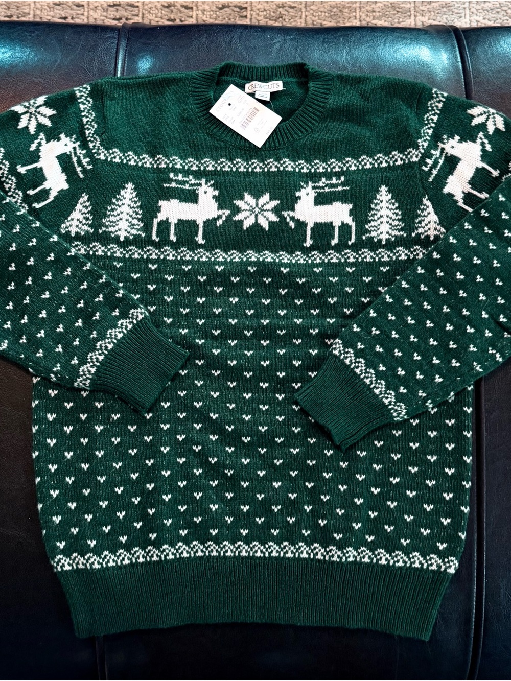Crewcuts Green and White Fair Isle Reindeer Crewneck Sweater Boys L